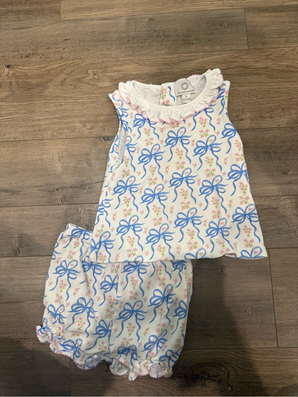 White & Blue Bow Print Kids Pajama Set - Sleeveless Top and Bloomers